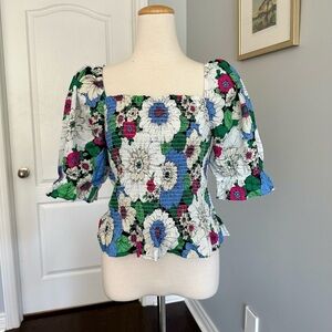 GAP Puff Sleeve Smocked Peplum Top